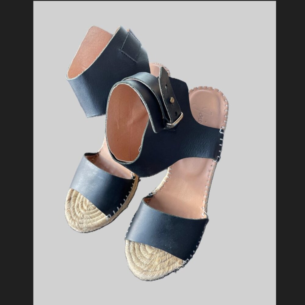 Joie Black Leather Espadrille Wedge Sandals 38.5